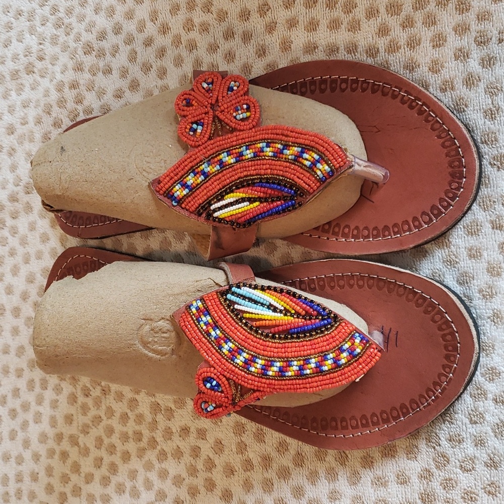 Ladies Cultural Sandals, Size 10.5 or 41 made with rich Cultural beads, Leather
